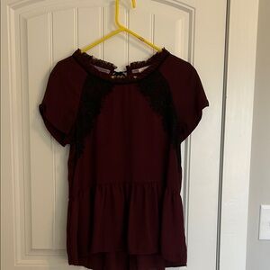 Rewind Burgundy Blouse with Black Lace Accents